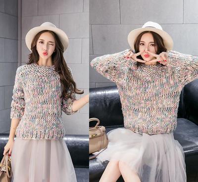 艾美妮2016明星同款羊绒针织衫宽松大版圆领花色粗线毛衣外套