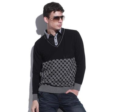 2014秋季新款衬衫领撞色薄款男针织衫 MS013-1 黑色款，时尚与舒适的完美结合